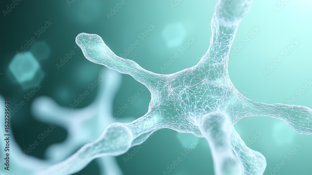 Poster An intricate close-up of a neuron, highlighting its unique structure and connectivity. A fascinating view of cellular biology.