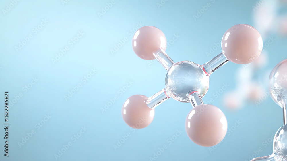 Poster close-up view of a molecular structure with pink and clear spheres against a soft blue background, i
