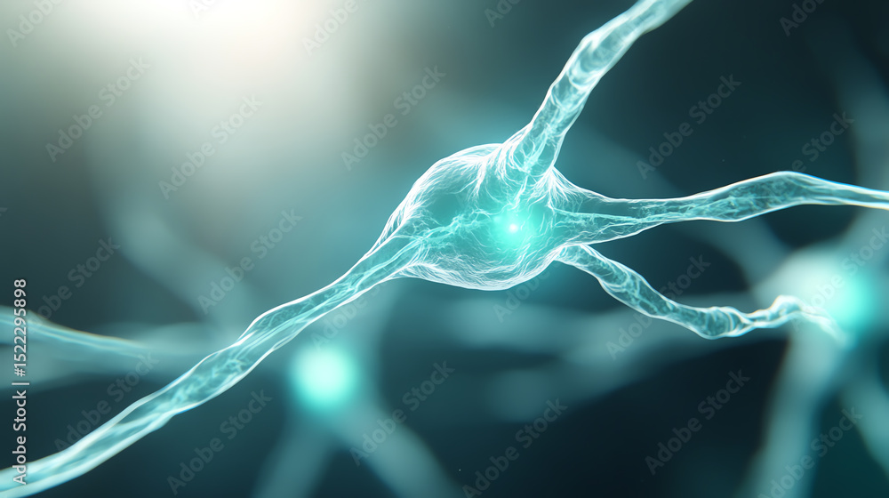 Poster Close-up view of a neuron, showcasing the complex structure and connections of nerve cells in the human brain.