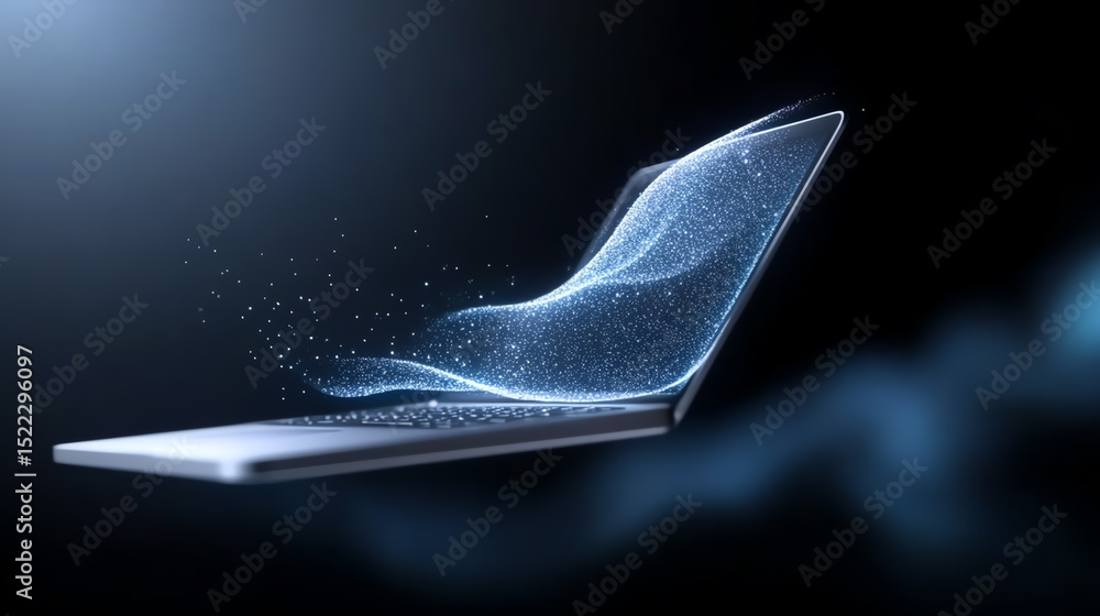 Aufkleber Futuristic laptop with glowing particles, symbolizing innovation and digital connection in modern tech environments.