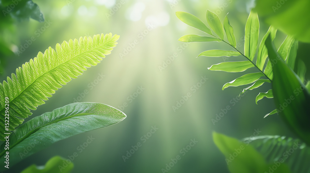 Poster Lush green leaves with sunlight filtering through, creating a serene and tranquil atmosphere in a vibrant forest.