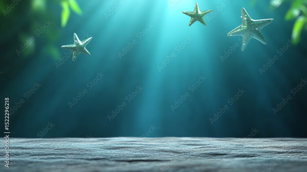 Poster Magical underwater scene with starfish floating gracefully in soft rays of light, creating a serene and tranquil atmosphere.