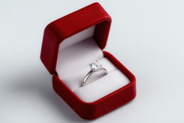Open ring box with engagement ring on white background, proposal and romantic gift concept