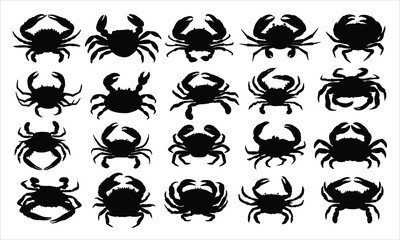 A collection of 20 crab silhouettes in black against a white background, showcasing different crab poses and claw styles