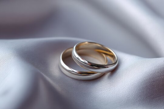 Pair of wedding rings on satin fabric with soft light, symbolizing marriage, love and eternal commitment