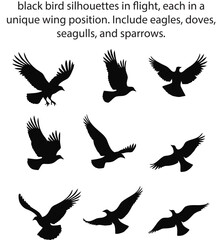 black bird silhouettes in flight, each in a unique wing position. Include eagles, doves, seagulls, and sparrows. Clean white background
