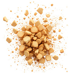 A top down shot of a pile of broken graham crackers on a black background scattered around