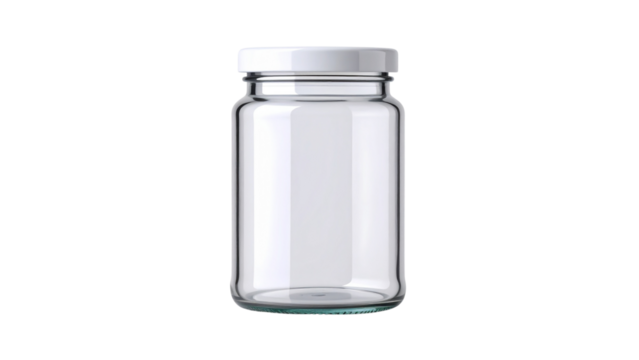 Clear Glass Jar with Silver Metal Lid Standing on White Background Ideal for Storage, Crafts, or Home Organization
