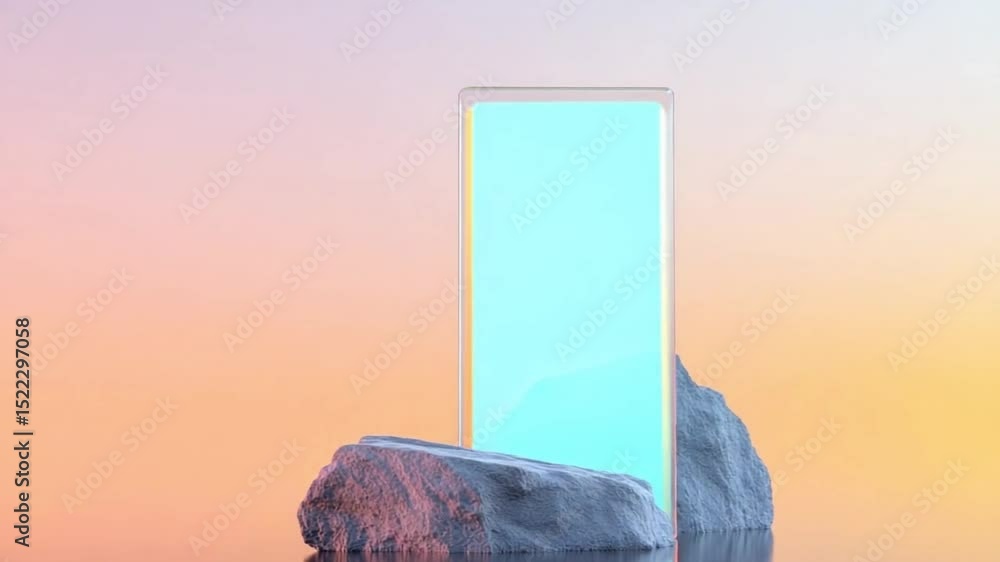 Aufkleber digital gateway on stone: an artistic rendering of a futuristic glowing rectangular portal, elegantl