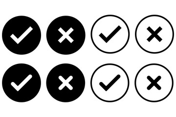 Set of tick mark and cross mark isolated in black colour and stroke with white background, check and cross mark icon set. checkmark and x mark icon use for apps and website. checkmark, icon, vector.