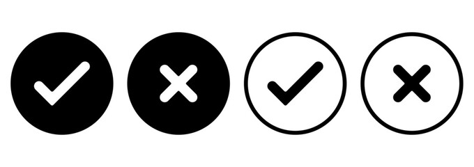 Set of tick mark and cross mark isolated in black colour and stroke with white background, check and cross mark icon set. checkmark and x mark icon use for apps and website. checkmark, icon, vector.