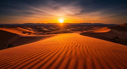 Stunning Sunset over Rolling Sand Dunes in a Vast Desert Landscape