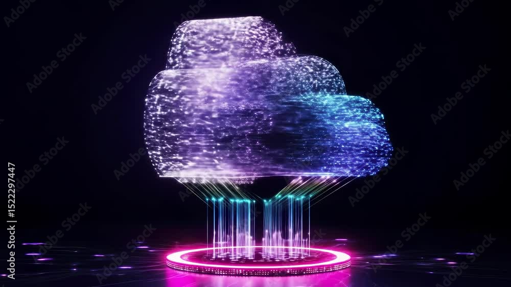 Poster futuristic cloud data storage and digital network with glowing neon light, abstract technology, and 