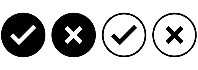 Set of tick mark and cross mark isolated in black colour and stroke with white background, check and cross mark icon set. checkmark and x mark icon use for apps and website. checkmark, icon, vector.
