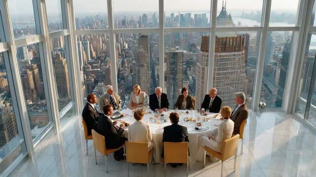 Negotiation in the Sky: A sophisticated meeting takes place around a round table with a scenic city background. The team are engaged in deep negotiations.