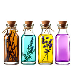Four glass bottles filled with colorful liquids and botanical elements displayed nicely