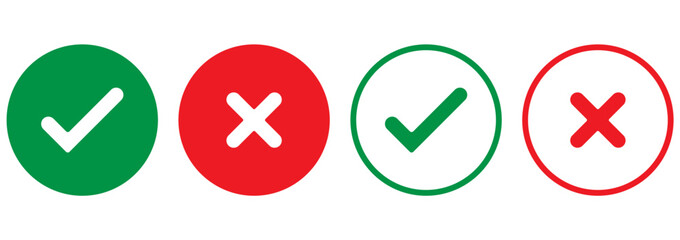 Set of tick mark in green and cross mark in red colour and stroke with white background, check and cross mark icon set. checkmark and x mark icon use for apps and website. checkmark, icon, vector.