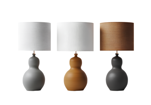  Three different-colored table lamps with shades in white, grey, and brown on the base.