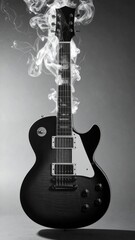 Naklejka premium Stylish black electric guitar in studio lighting, surrounded by swirling smoke, evoking a dramatic and edgy rock-and-roll aesthetic.