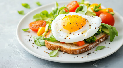 A classic breakfast of a glowing sunny-side-up egg, fresh tomato slices, and whole-grain toast, capturing the perfect balance of nutrition and simplicity.