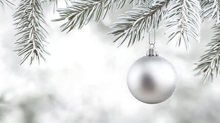 A silver Christmas ball on a frosted pine branch with a white winter background