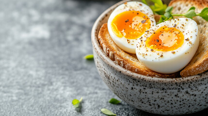 A serene morning breakfast featuring a boiled egg displaying its golden yolk, accompanied by toast that reflects rustic charm, simplicity, and nourishing balance.