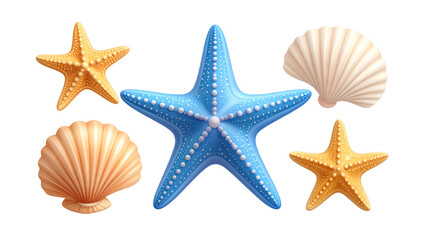 Beach and underwater 3d elements. Sea stars and shell. Isolated rendering realistic marine ocean life symbols. Shell and star, vector clipart