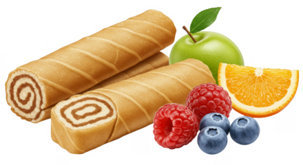Isolated Dessert Pastry Roll with Fresh Fruits Apple Raspberry Sweet
