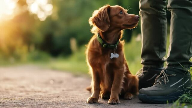 Young brown dog with green collar sitting beside person wearing outdoor shoes sunlit path, looking with curiosity and affection, surrounded by nature evening light, as p py enjoys outdoor