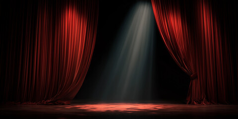 Empty spotlight stage framed by red velvet curtains. Classic theatrical mood. Central space perfect for overlay text.