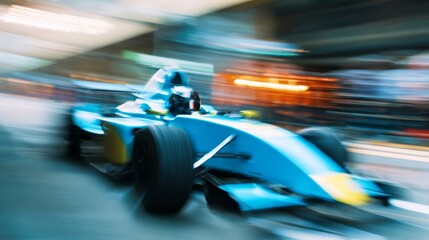 Obraz premium Close-up of a racing car speeding on the track with motion effect and vibrant colors, showcasing speed, adrenaline, and high-performance motorsports competition.