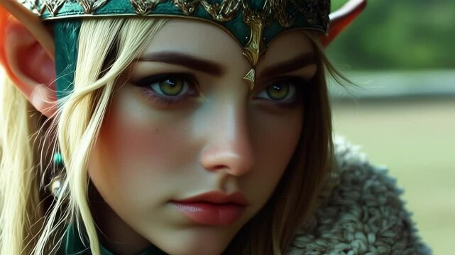 Close up portrait of a fantasy elf woman with pointed ears and a crown