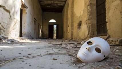 Ground-Level Shot: Stark Abandoned Hallway with Discarded White Mask