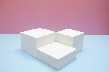 Podium display scene stage showcase front view with copy space on pink and blue background