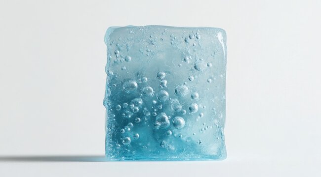 A light-blue, glassy ice cube with air bubbles