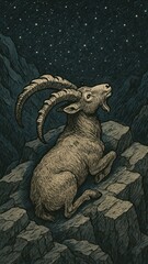 Majestic goat under starry sky.