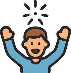 Illustration of a person celebrating with arms raised and a starburst
