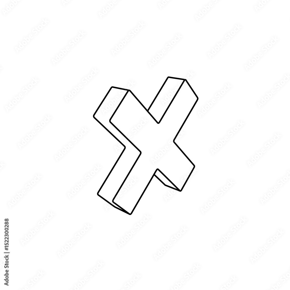 Poster the outline of a large multiplication symbol is made with black lines. 3d view of the object in pers