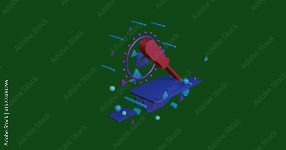 Aufkleber red a screwdriver symbol on a pedestal of abstract geometric shapes floating in the air. abstract co