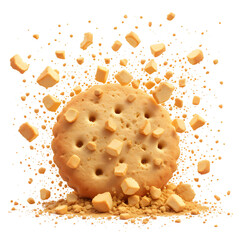 A single cracker with small cheese cubes floating around it on a black background