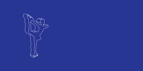 The outline of a large female figure skating symbol made of white lines on the left. 3D view of the object in perspective. Vector illustration on indigo background