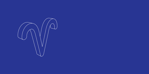 The outline of a large zodiac aries symbol made of white lines on the left. 3D view of the object in perspective. Vector illustration on indigo background