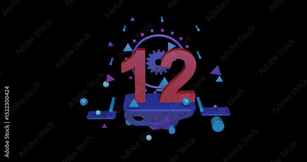 Poster red twelve number on a pedestal of abstract geometric shapes floating in the air. abstract concept a