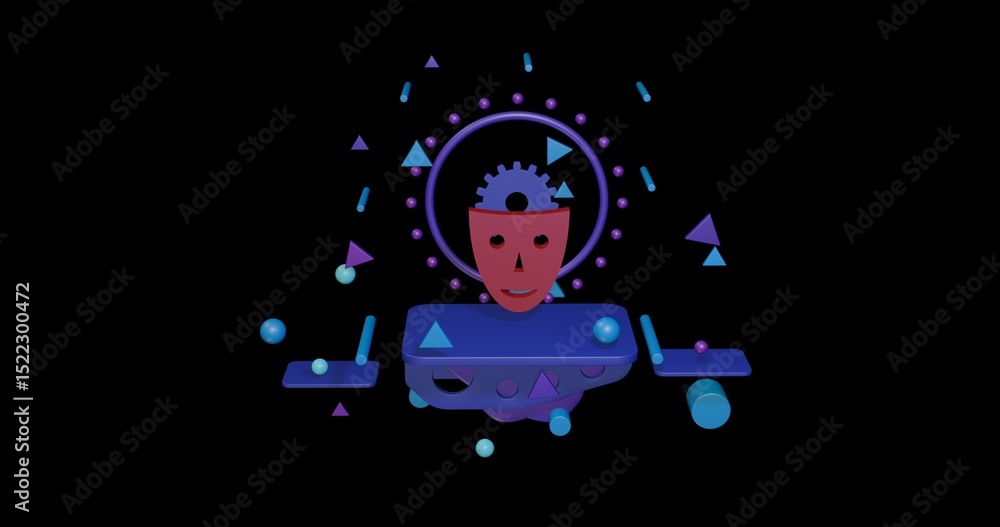 Poster red theatrical mask on a pedestal of abstract geometric shapes floating in the air. abstract concept