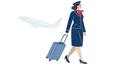 Flight attendant walking with suitcase isolated on transparent background