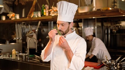 Portrait of professional handsome male cook inspecting ingredients before cooking looking at herbs...