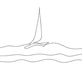 Sailboat, yacht on the waves is drawn in one endless continuous line on a white background, vector illustration. Sea transport, boat, black and white hand drawing. An element for decoration, banner