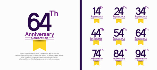 set of anniversary logo style with yellow ribbon. vector design blue color for celebration