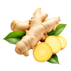 A close up of ginger root with slices and green leaves on a black background studio