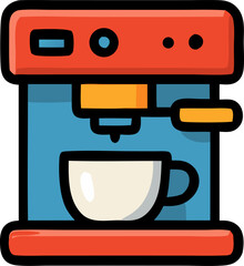 Stylized illustration of coffee machine and cup preparing beverage
